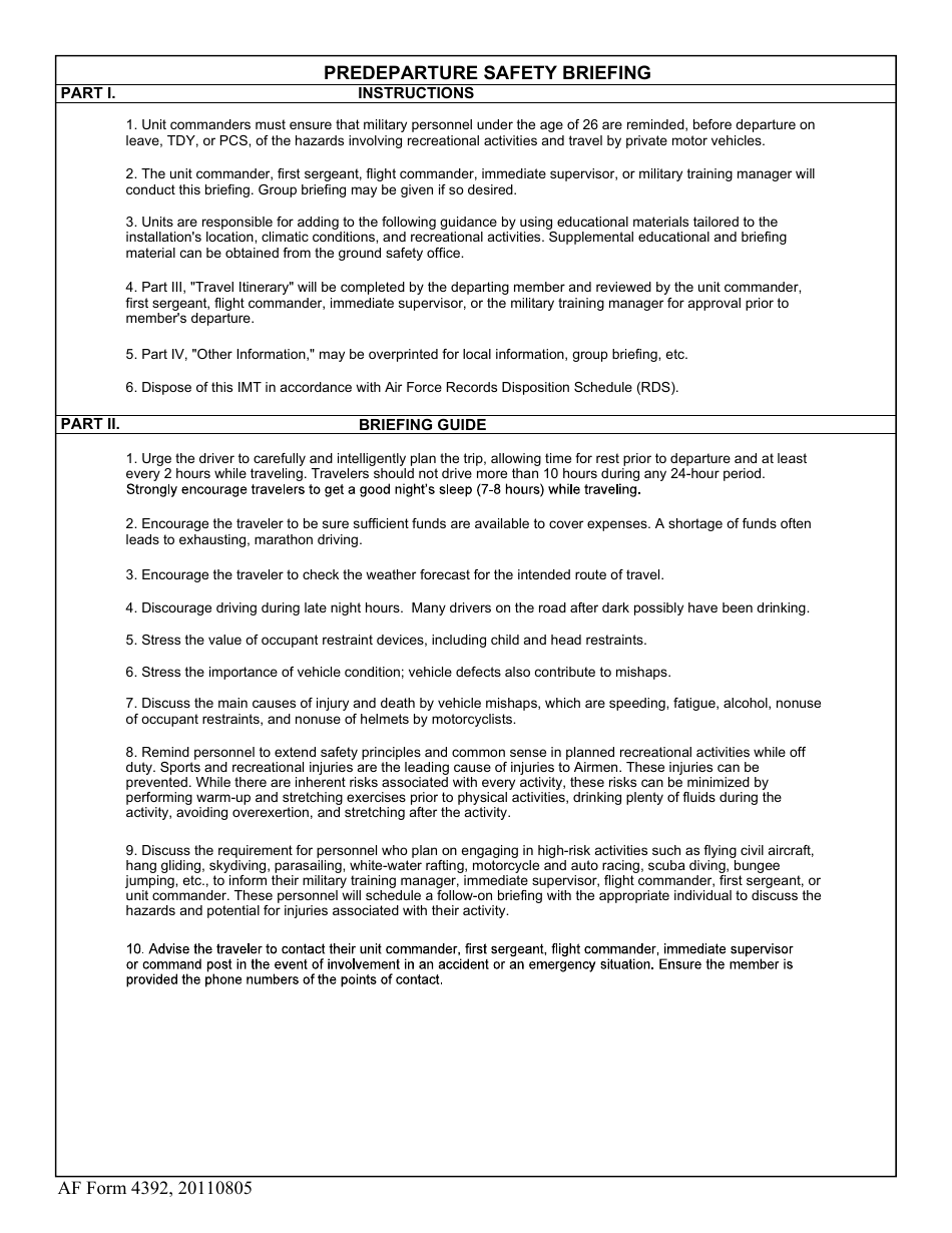 AF Form 4392 Predeparture Safety Briefing, Page 1