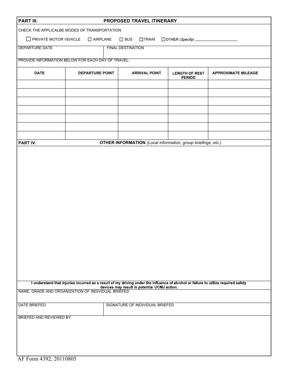 AF Form 4392 Download Fillable PDF Or Fill Online Predeparture Safety 