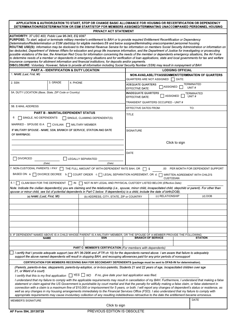AF Form 594 Application and Authorization to Start, Stop or Change Basic Allowance for Quarters (BAQ) or Dependency Redetermination, Page 1