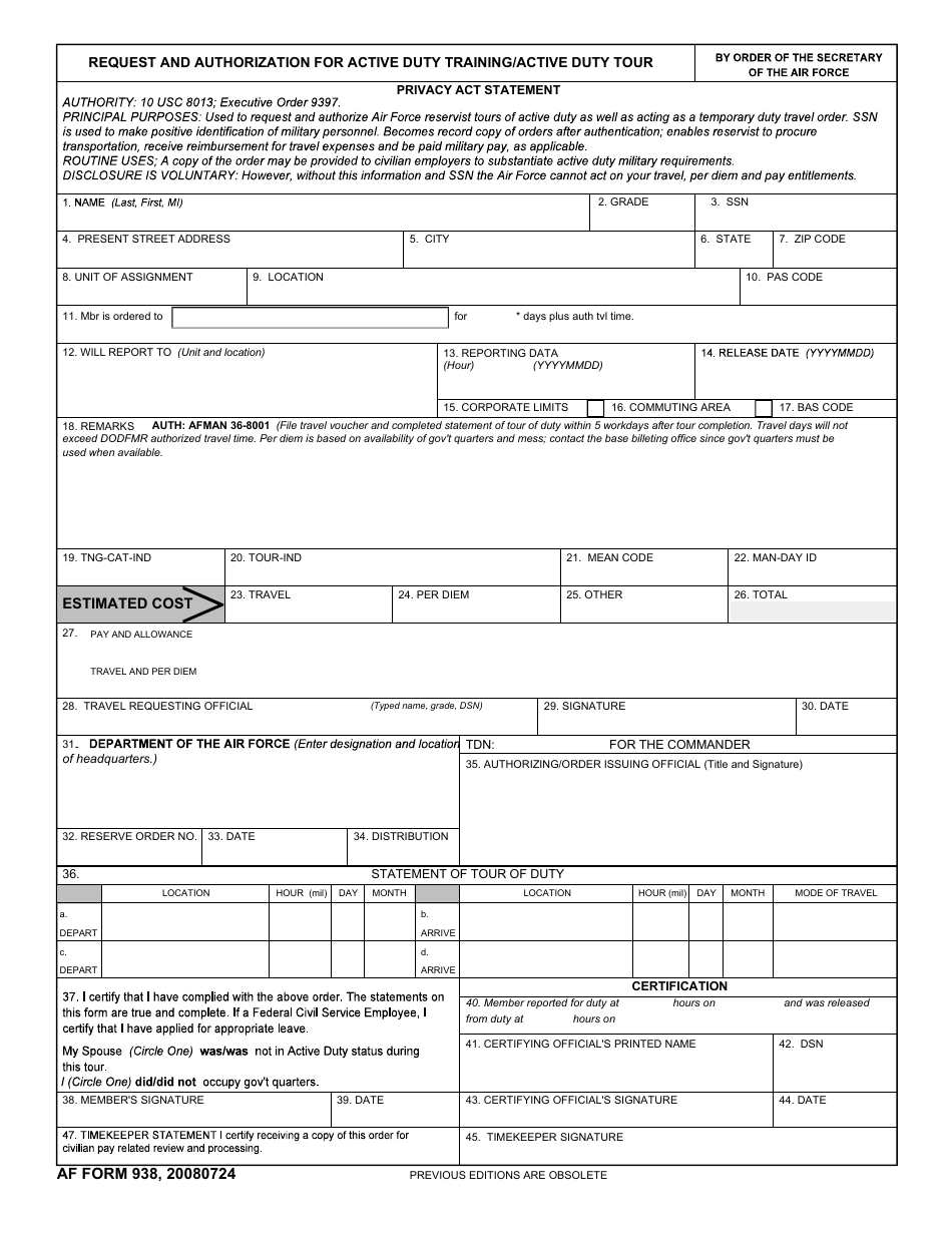 AF Form 938 Request and Authorization for Active Duty Training / Active Tour, Page 1