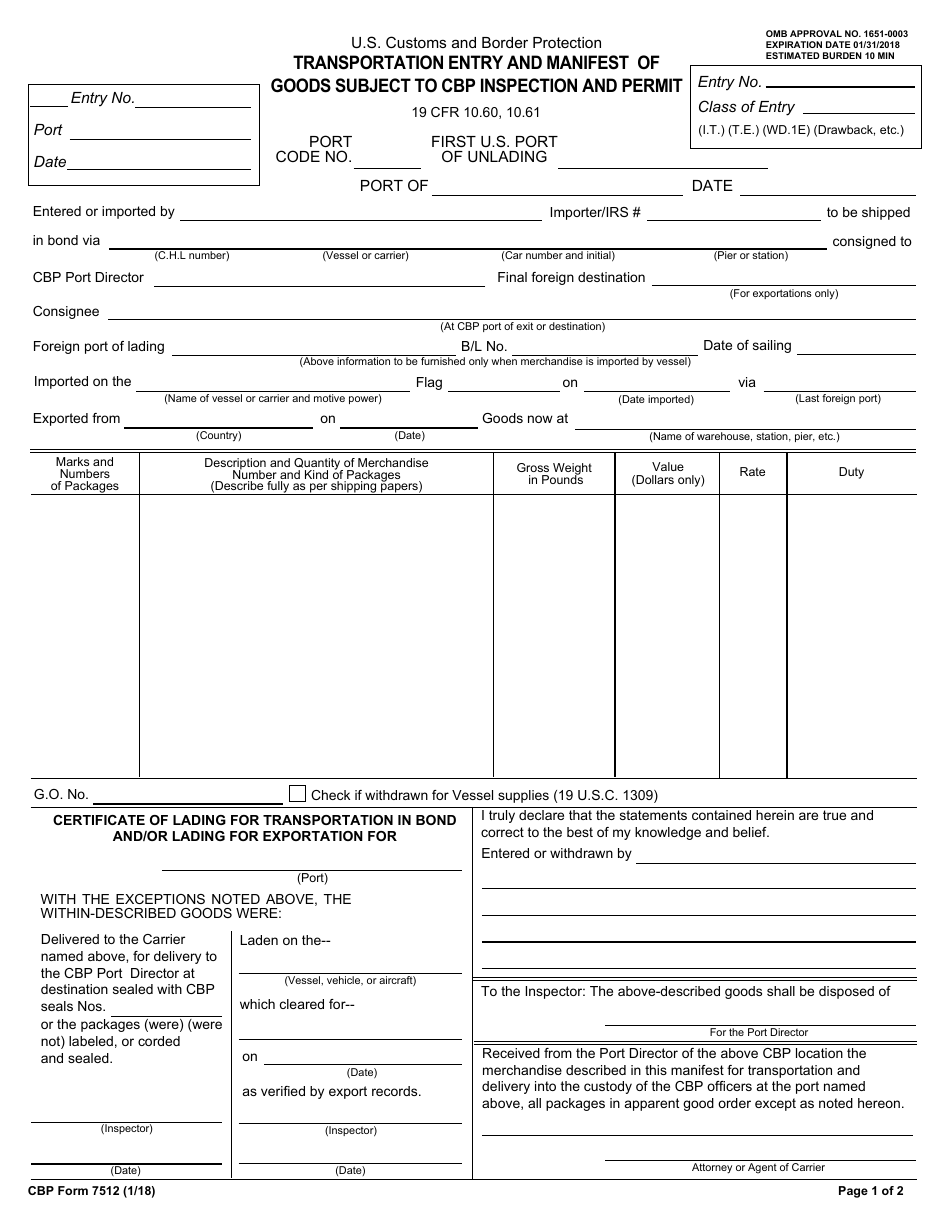 CBP Form 7512 Transportation Entry and Manifest of Goods Subject to CBP Inspection and Permit, Page 1