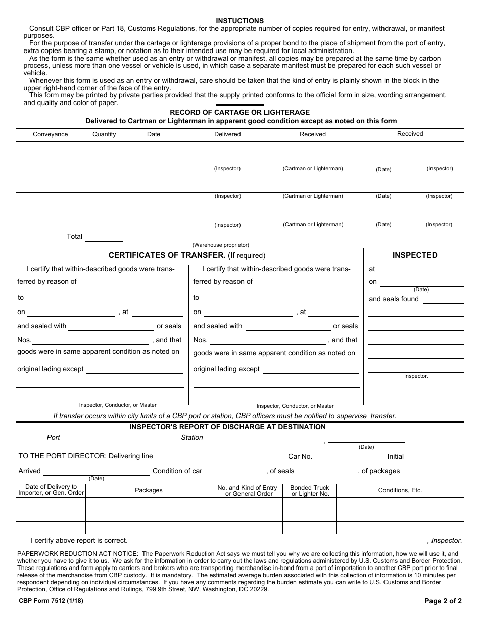 CBP Form 7512 Transportation Entry and Manifest of Goods Subject to CBP Inspection and Permit, Page 2