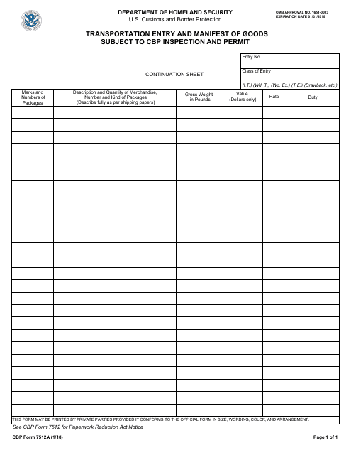 CBP Form 7512A  Printable Pdf