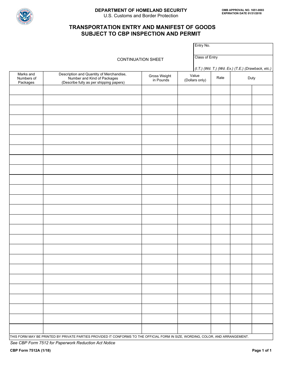 CBP Form 7512A Transportation Entry and Manifest of Goods Subject to CBP Inspection and Permit - Continuation Sheet, Page 1
