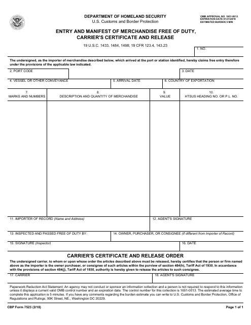 CBP Form 7523  Printable Pdf