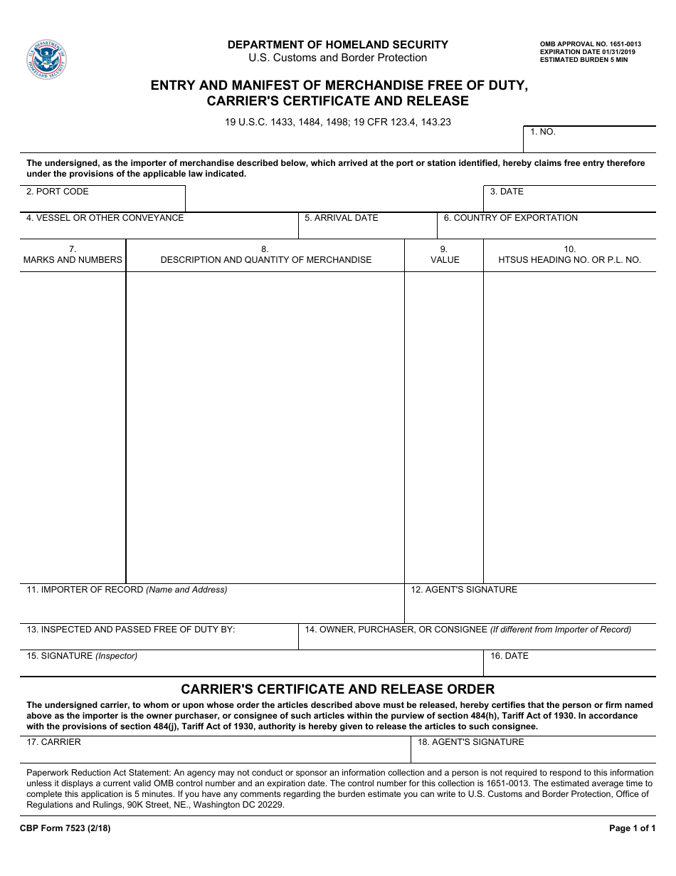 CBP Form 7523 Download Fillable PDF or Fill Online Entry and Manifest