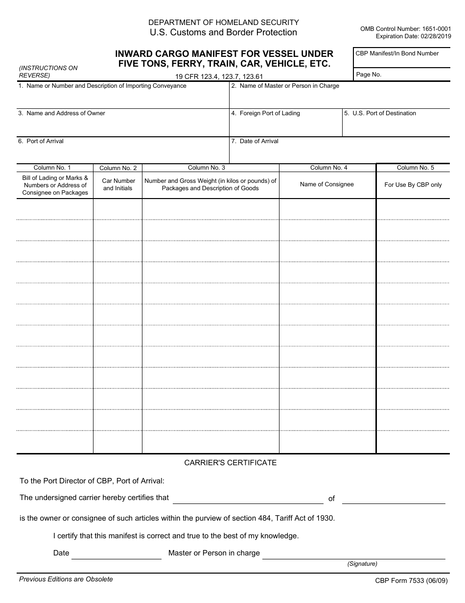 CBP Form 7533 Inward Cargo Manifest for Vessel Under Five Tons, Ferry, Train, Car, Vehicle, Etc., Page 1