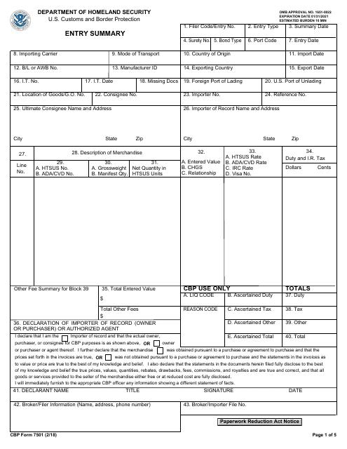 CBP Form 7501  Printable Pdf
