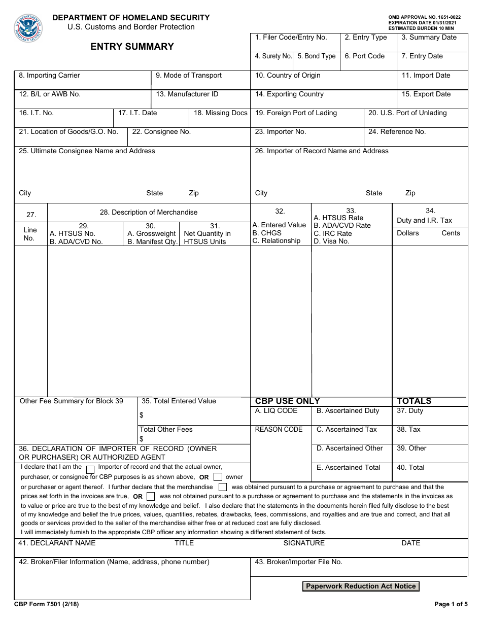 CBP Form 7501 Entry Summary With Continuation Sheets, Page 1