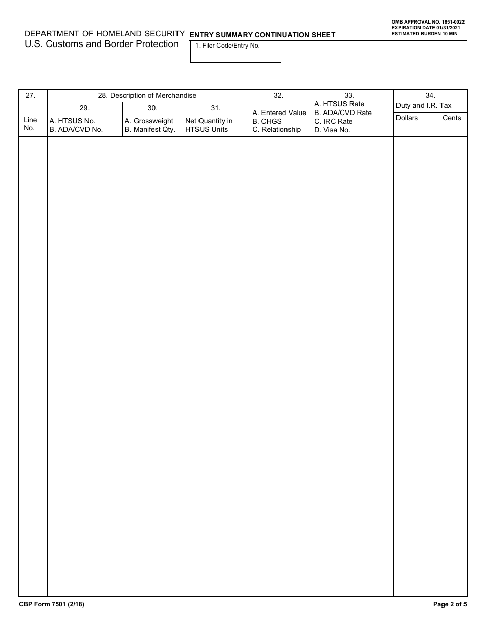 CBP Form 7501 Entry Summary With Continuation Sheets, Page 2