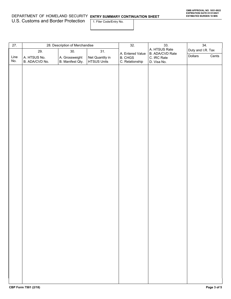 CBP Form 7501 Entry Summary With Continuation Sheets, Page 3