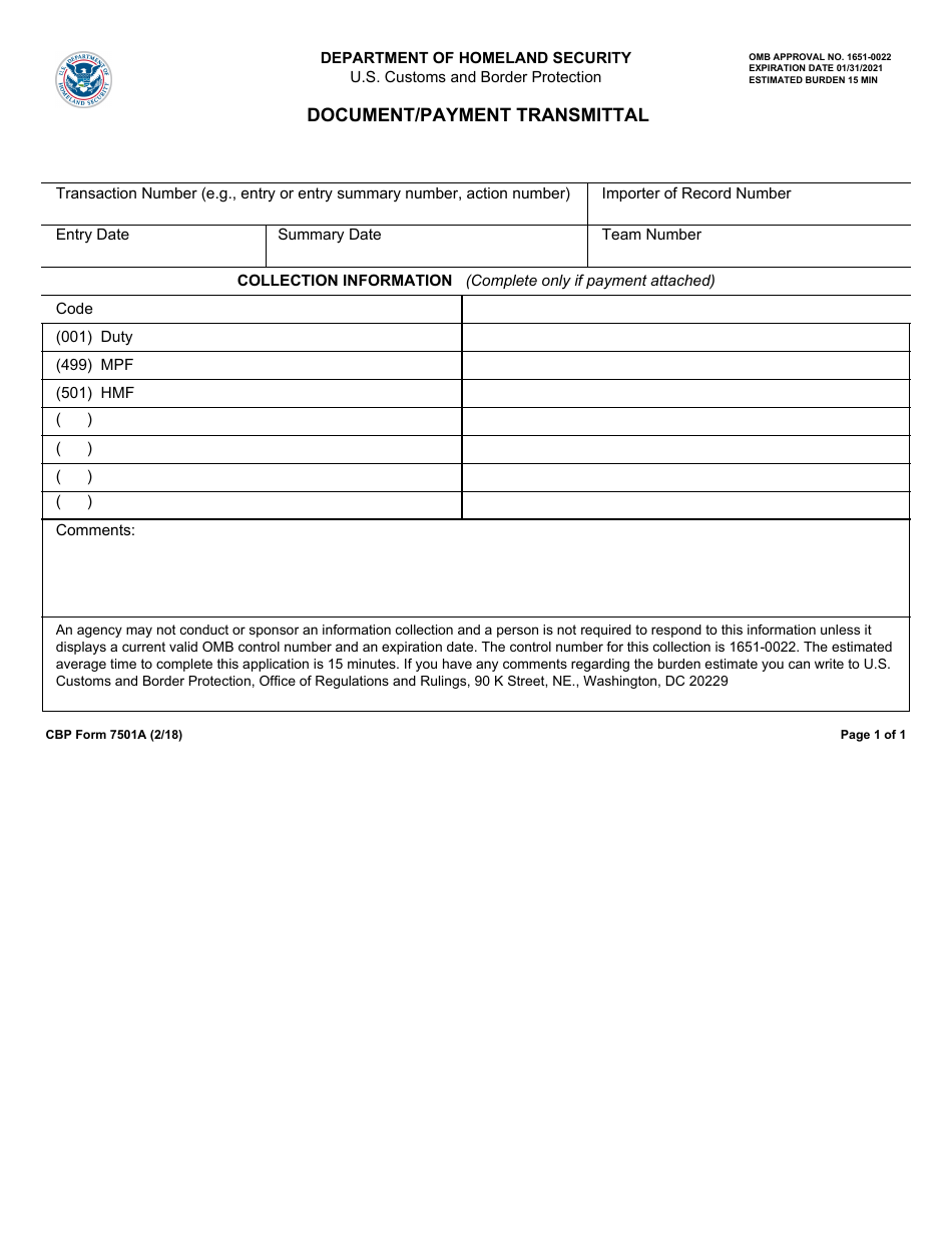 CBP Form 7501A Document / Payment Transmittal, Page 1