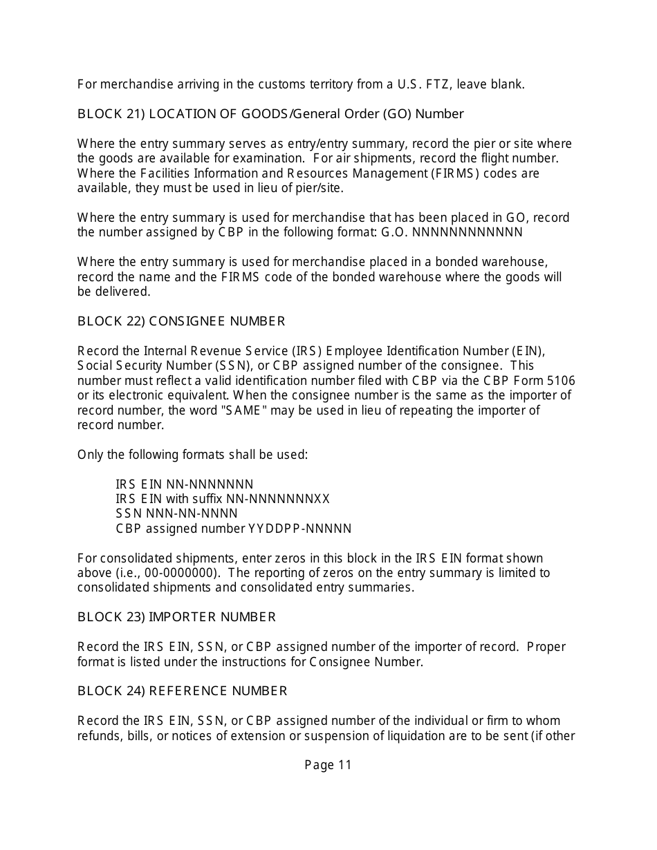 Instructions for CBP Form 7501 Entry Summary, Page 11