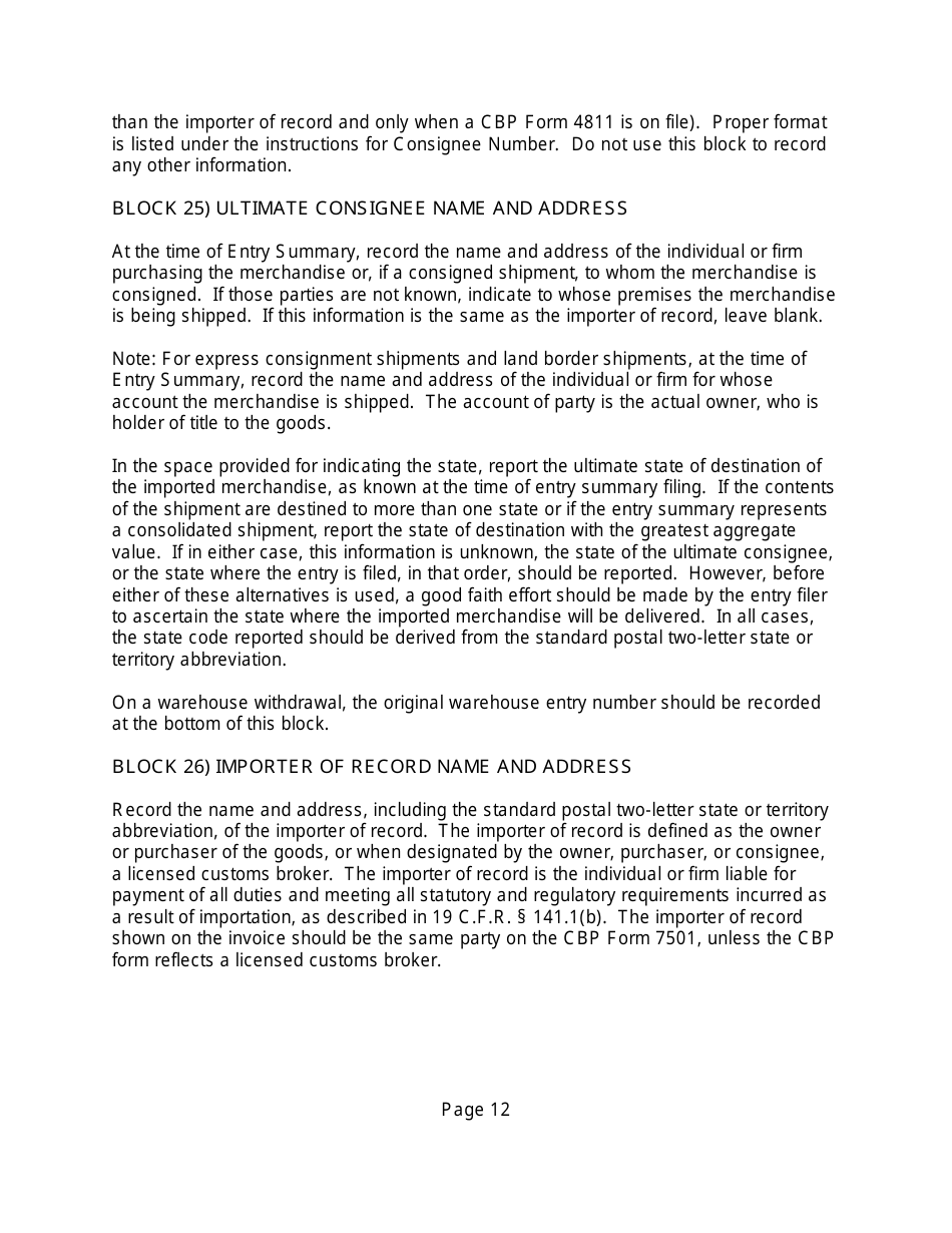 Instructions for CBP Form 7501 Entry Summary, Page 12