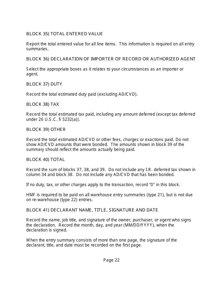 Instructions for CBP Form 7501 Entry Summary, Page 22