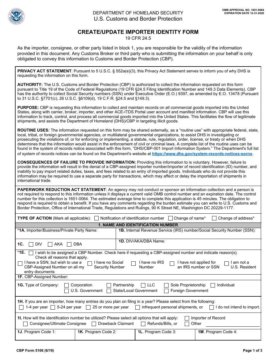 CBP Form 5106 Create / Update Importer Identity Form, Page 1