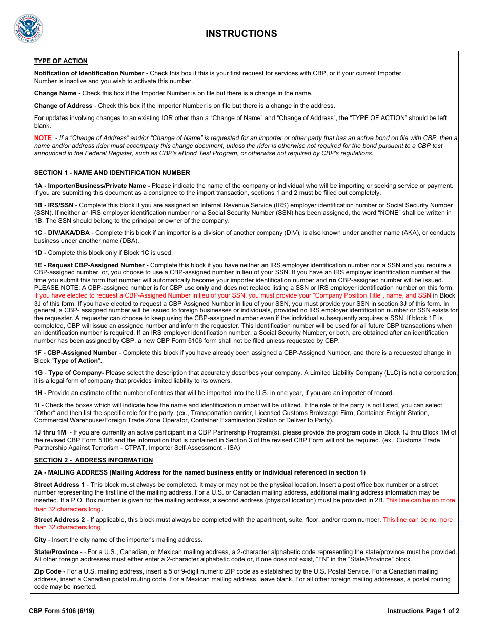CBP Form 5106 Create / Update Importer Identity Form, Page 4