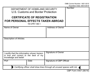 Document preview: CBP Form 4457 Certificate of Registration for Personal Effects Taken Abroad