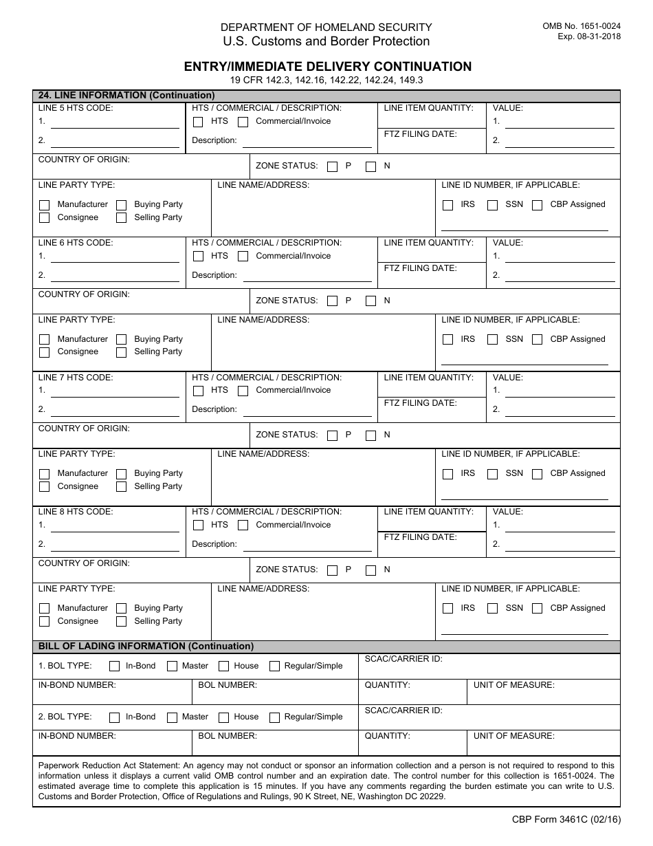 CBP Form 3461C Entry / Immediate Delivery for Ace - Continuation, Page 1