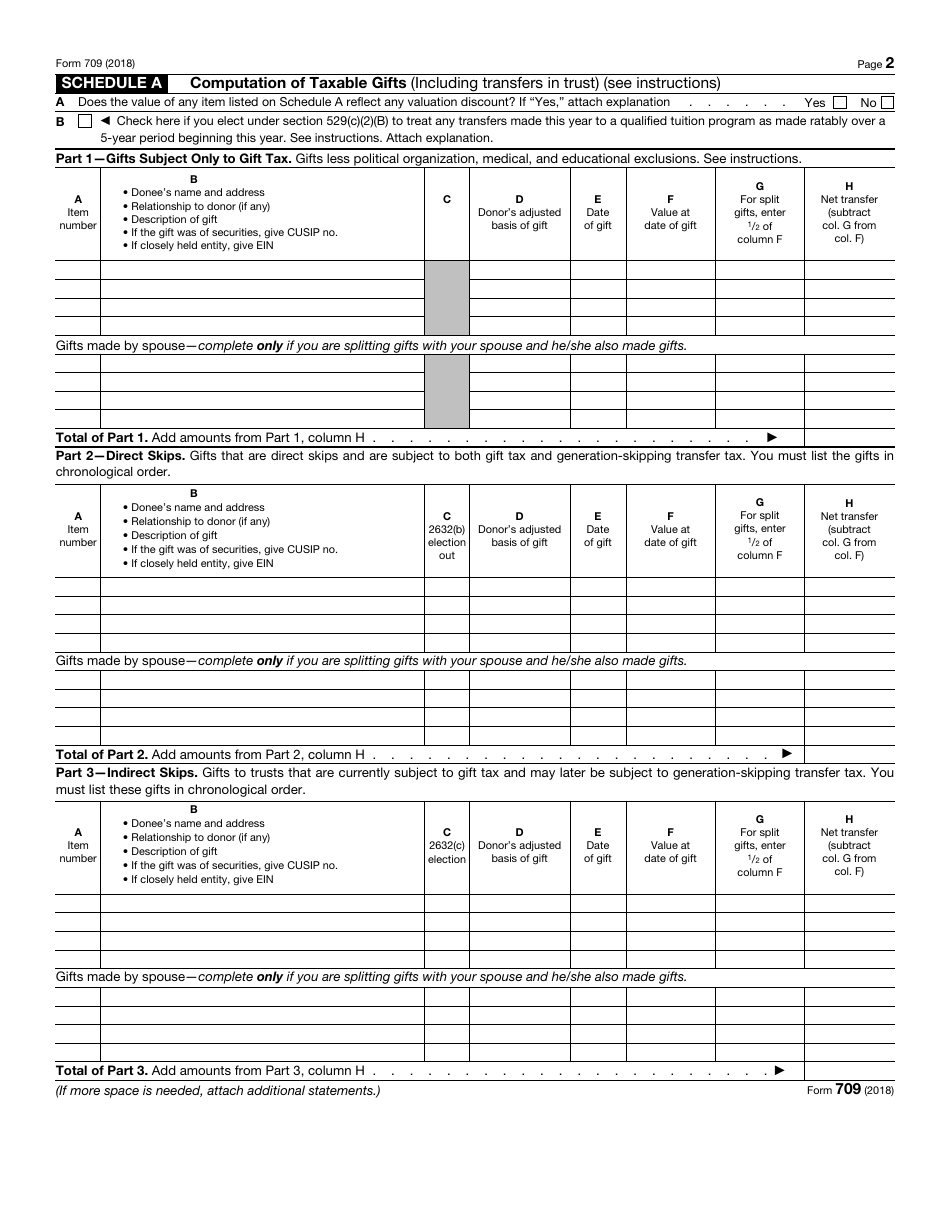 IRS Form 709 United States Gift (And Generation-Skipping Transfer) Tax Return, Page 2