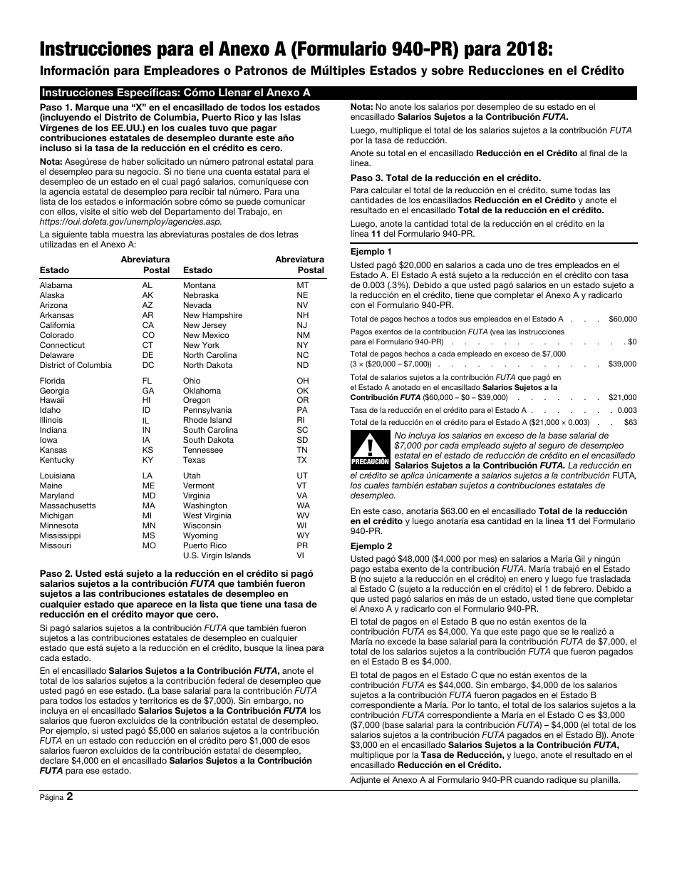 IRS Formulario 940-PR Anexo A Informacion Para Empleadores O Patronos De Multiples Estados Y Sobre Reducciones En El Credito (Puerto Rican Spanish), Page 2
