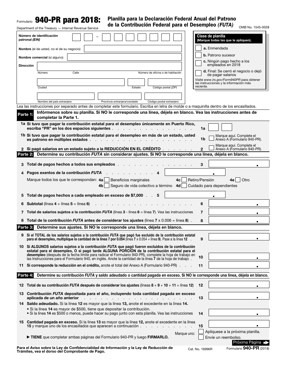 IRS Formulario 940-PR Planilla Para La Declaracion Federal Anual Del Patrono De La Contribucion Federal Para El Desempleo (Futa) (Puerto Rican Spanish), Page 1