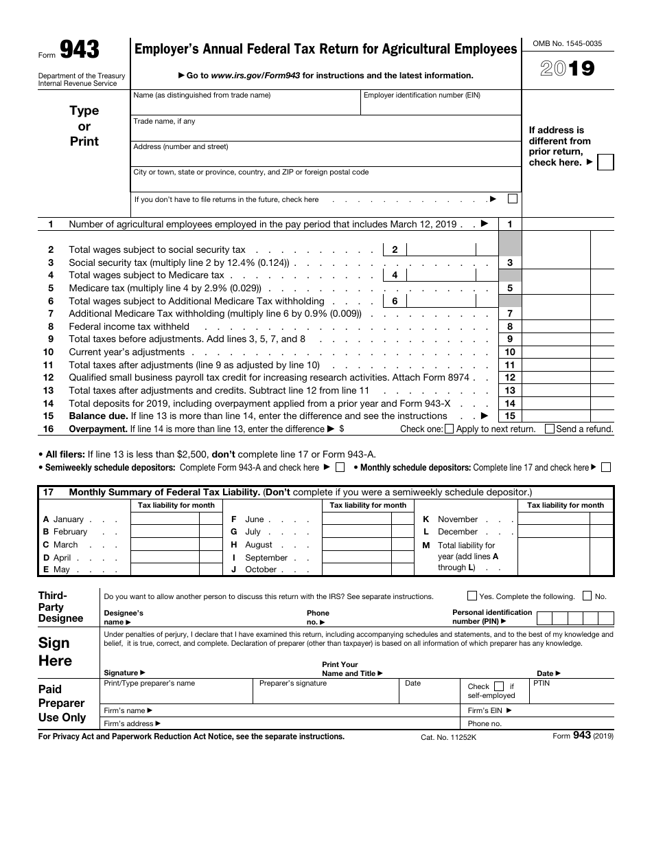 Irs Form 943 Download Fillable Pdf Or Fill Online Employer S Annual Federal Tax Return For Agricultural Employees 19 Templateroller