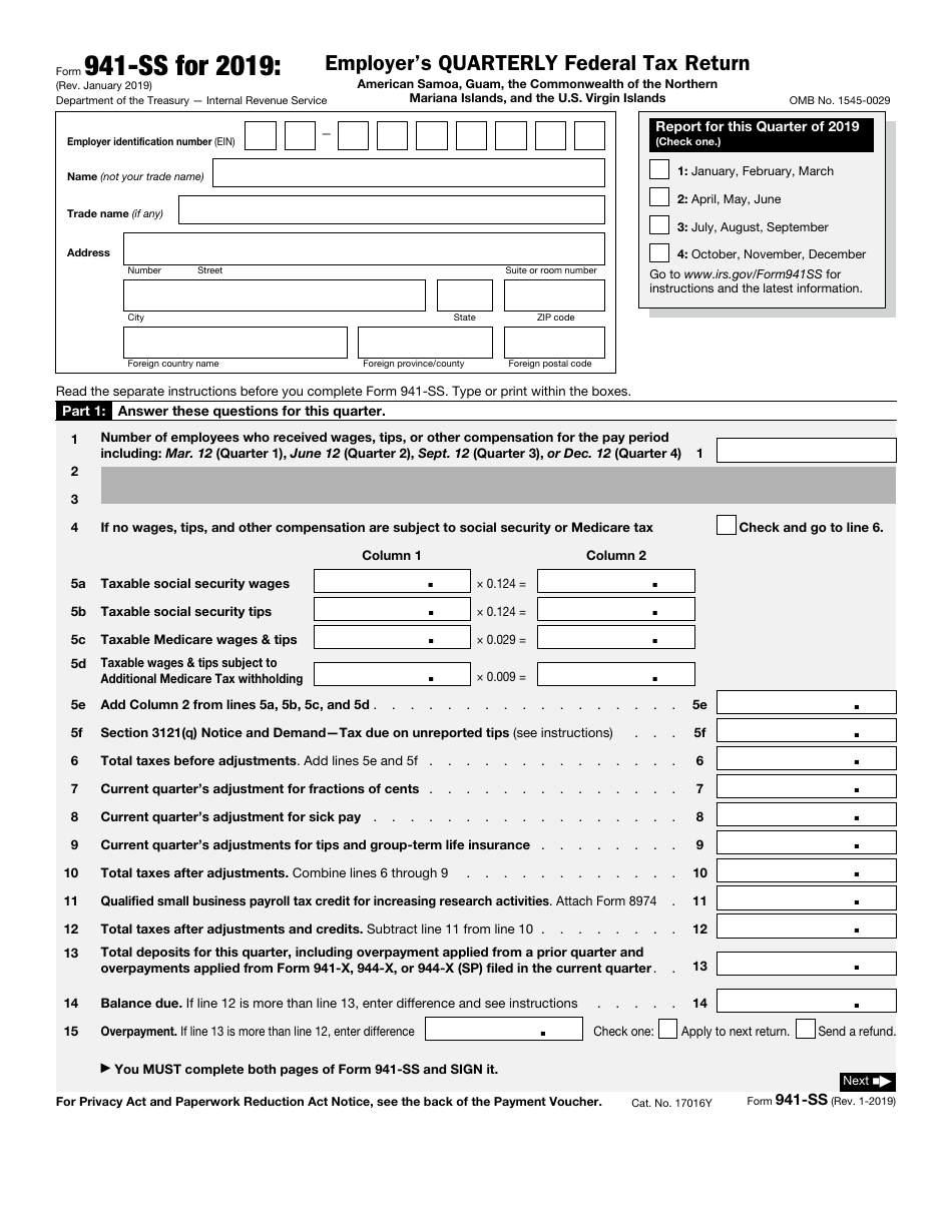 IRS Form 941-SS Employers Quarterly Federal Tax Return, Page 1