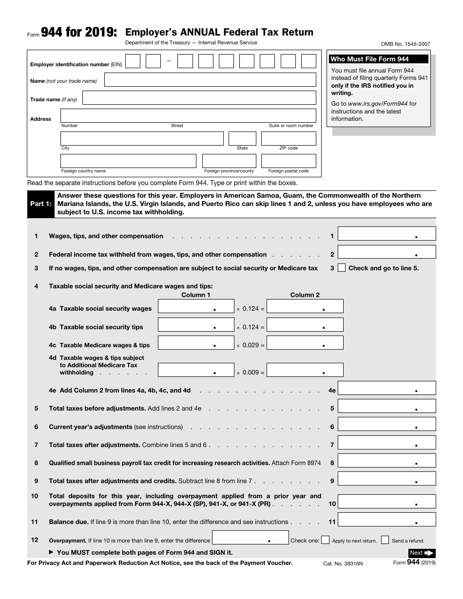 IRS Form 944 Employers Annual Federal Tax Return, Page 1