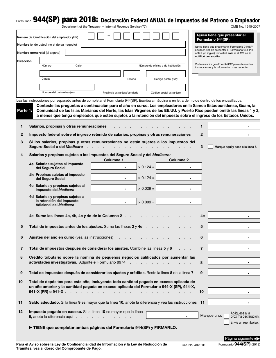 IRS Formulario 944(SP) Declaracion Federal Anual De Impuestos Del Patrono O Empleador (Spanish), Page 1
