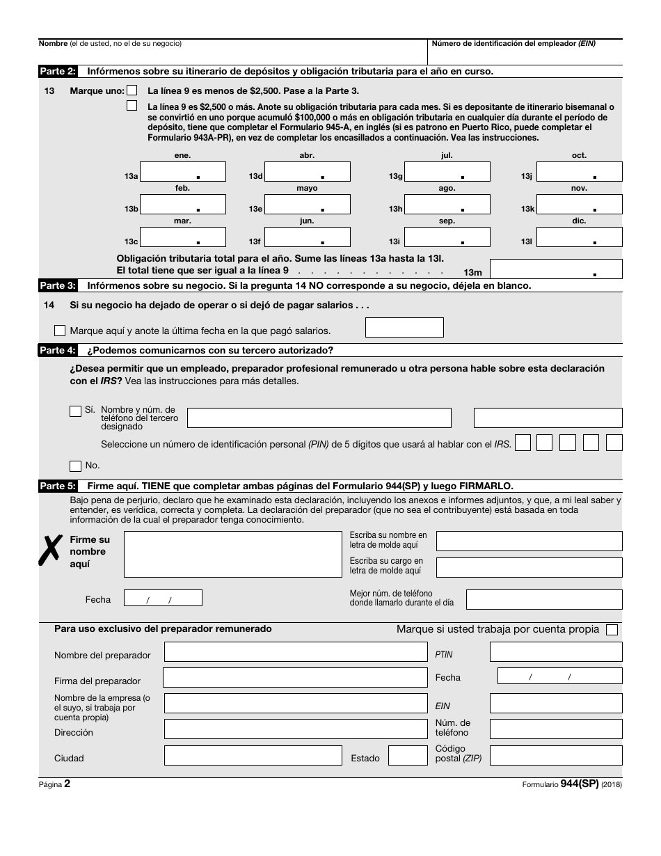 IRS Formulario 944(SP) Declaracion Federal Anual De Impuestos Del Patrono O Empleador (Spanish), Page 2