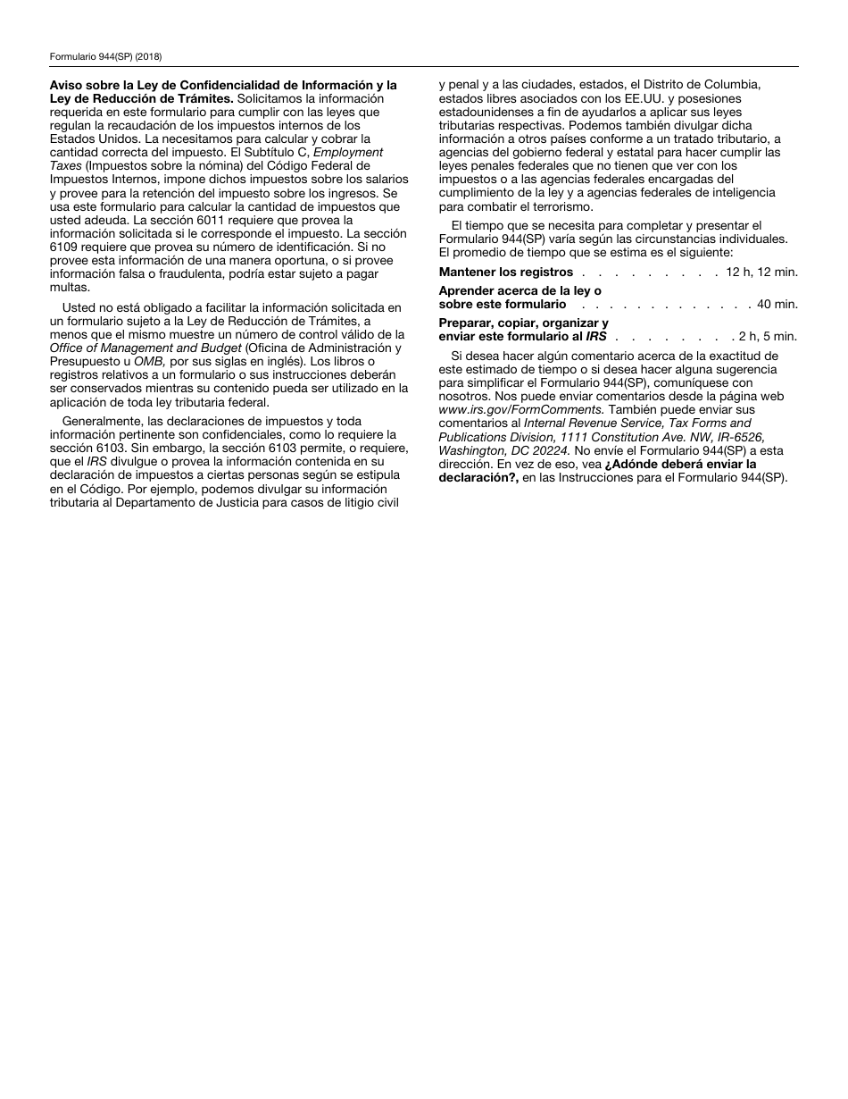 IRS Formulario 944(SP) Declaracion Federal Anual De Impuestos Del Patrono O Empleador (Spanish), Page 4