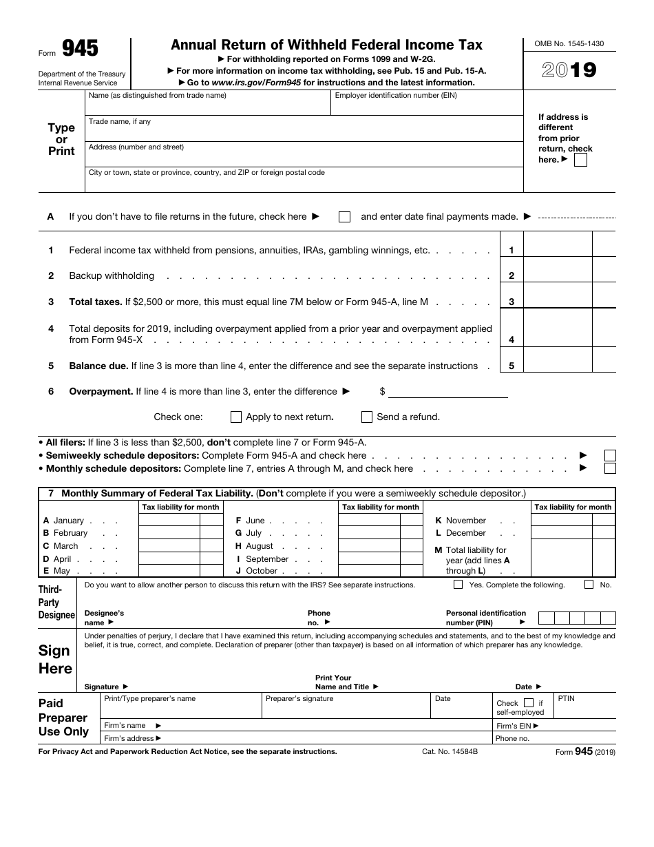 IRS Form 945 2019 Fill Out, Sign Online and Download Fillable PDF