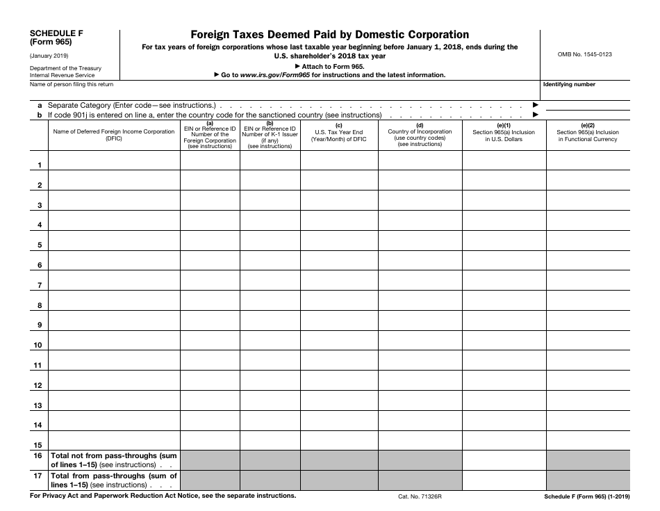 IRS Form 965 Schedule F Foreign Taxes Deemed Paid by Domestic Corporation, Page 1