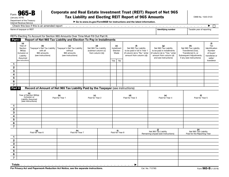 IRS Form 965-B Corporate and Real Estate Investment Trust (Reit) Report of Net 965 Tax Liability and Electing Reit Report of 965 Amounts, Page 1