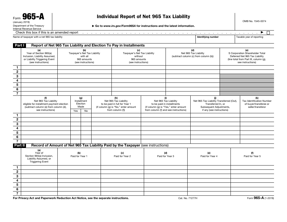 IRS Form 965-A Individual Report of Net 965 Tax Liability, Page 1