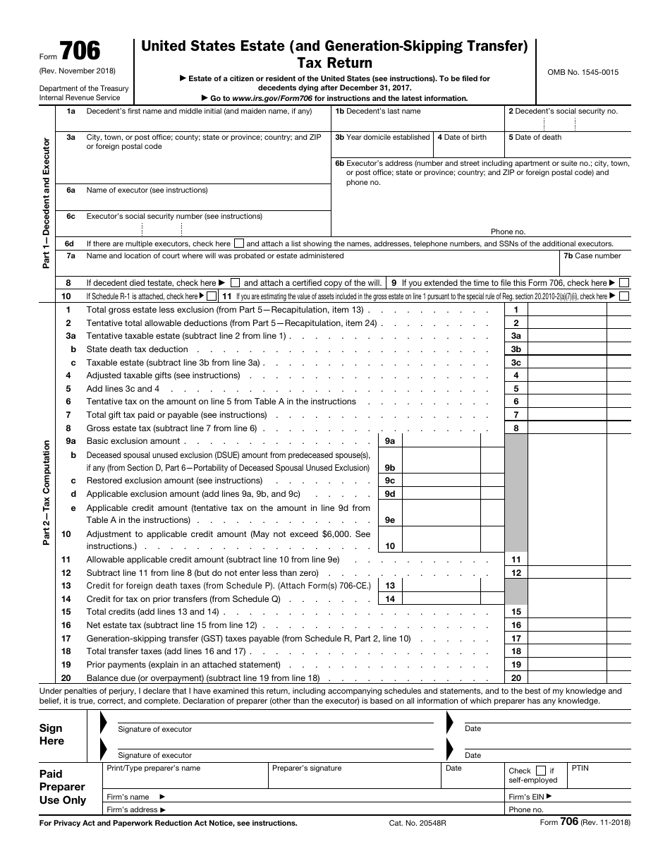 IRS Form 706 United States Estate (And Generation-Skipping Transfer) Tax Return, Page 1