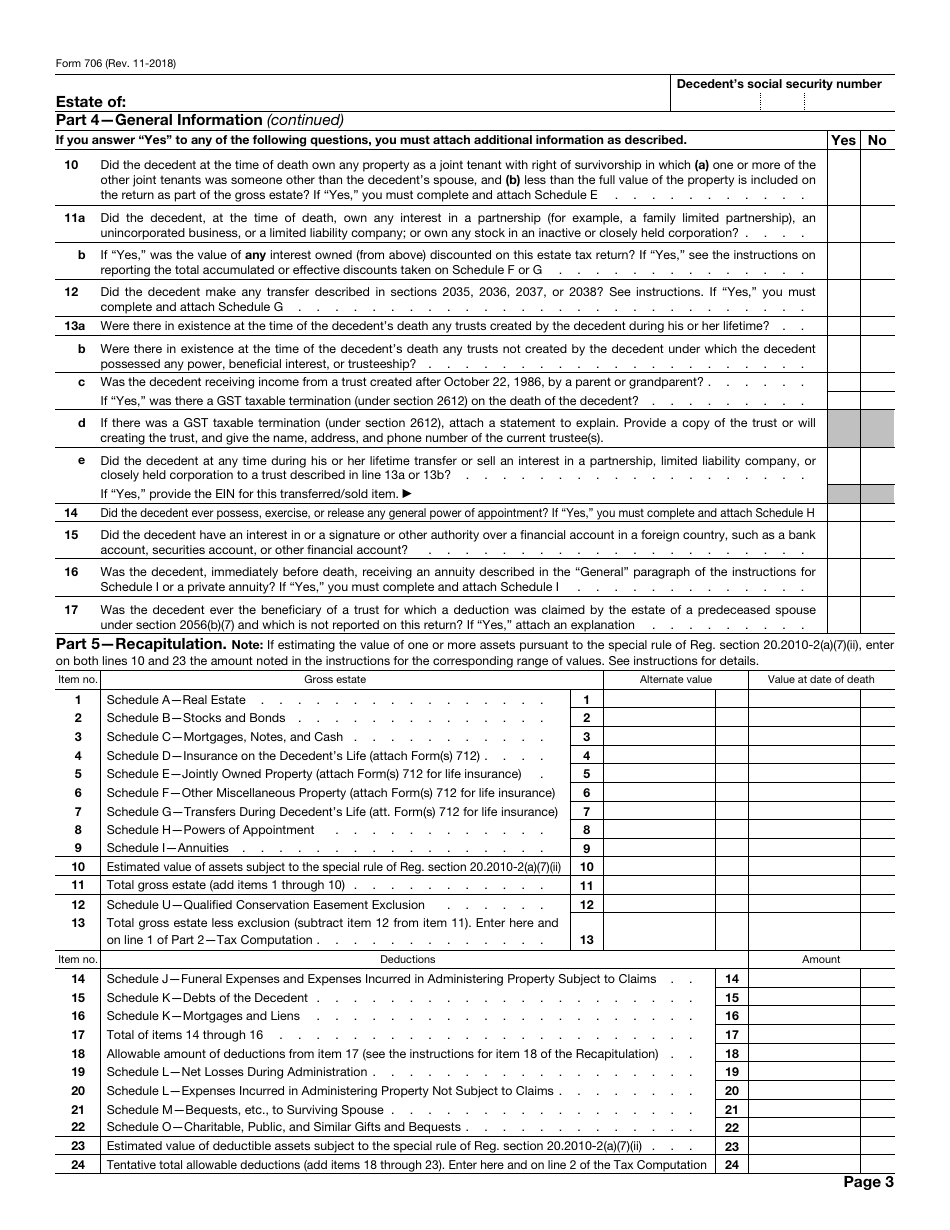 IRS Form 706 Download Fillable PDF or Fill Online United States Estate ...