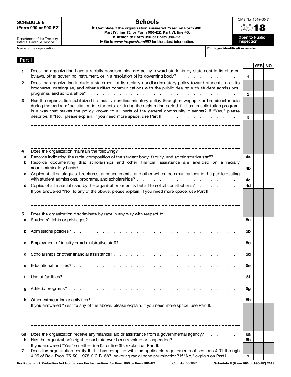 IRS Form 990 (990-EZ) Schedule E Schools, Page 1