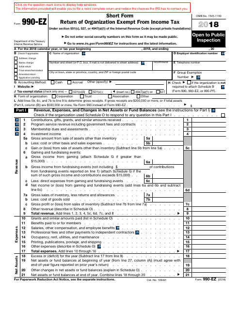 IRS Form 990-EZ 2018 Printable Pdf