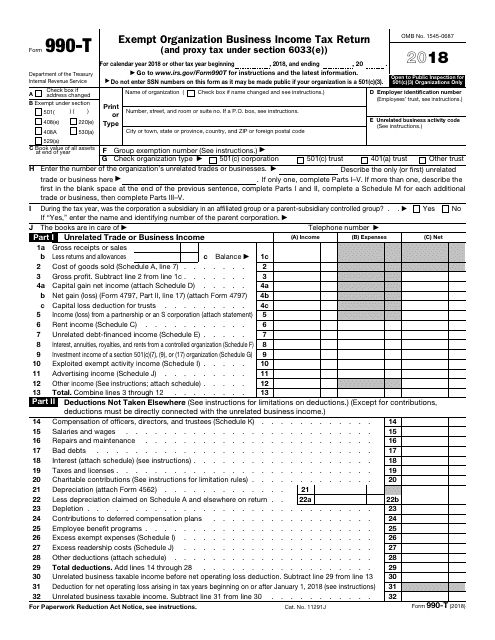 IRS Form 990-T 2018 Printable Pdf