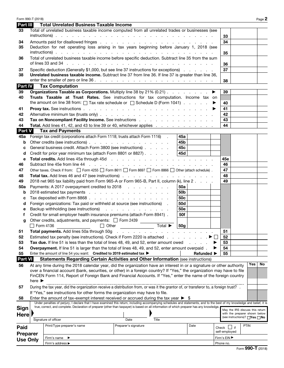 IRS Form 990-T Exempt Organization Business Income Tax Return (And Proxy Tax Under Section 6033(E)), Page 2