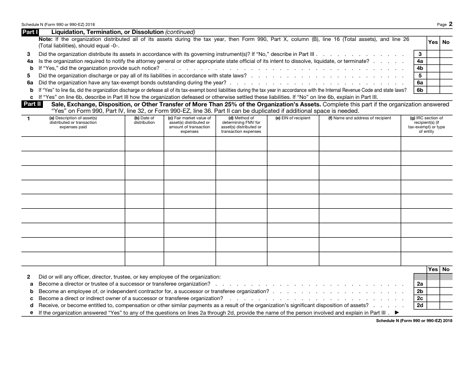 IRS Form 990 (990-EZ) Schedule N IRS Form 990-ez Schedule N - Liquidation, Termination, Dissolution, or Significant Disposition of Assets, Page 2