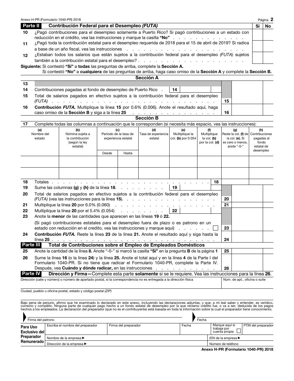IRS Formulario 1040-PR Anexo H-PR Contribuciones Sobre El Empleo De Empleados Domesticos (Puerto Rican Spanish), Page 2