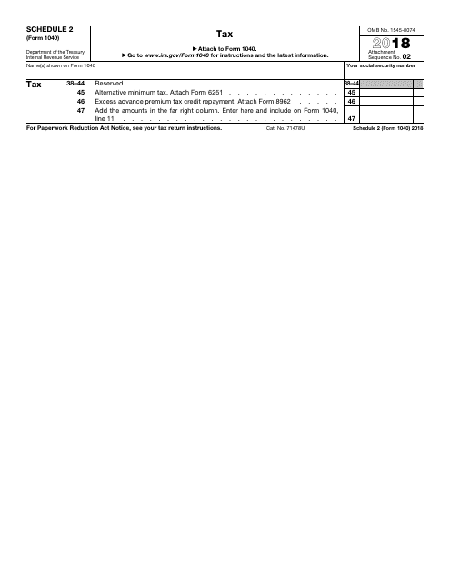 IRS Form 1040 Schedule 2 2018 Printable Pdf
