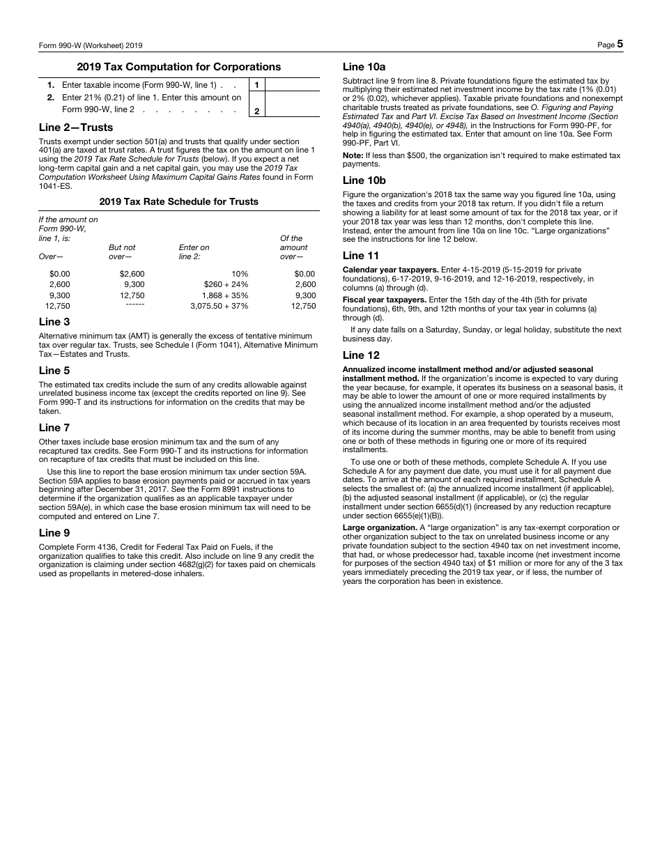 IRS Form 990-W Estimated Tax on Unrelated Business Taxable Income for Tax-Exempt Organizations (And on Investment Income for Private Foundations), Page 5