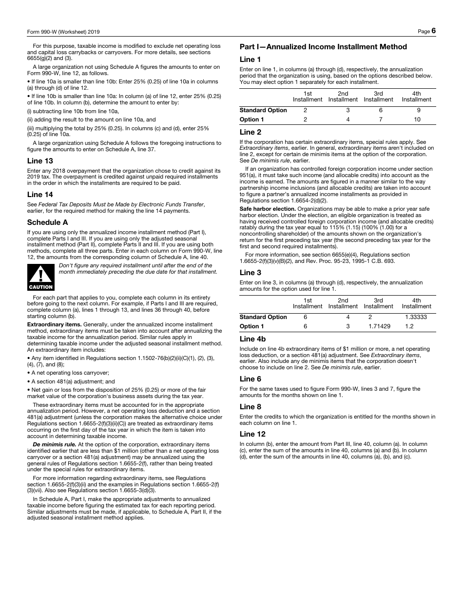 IRS Form 990-W Estimated Tax on Unrelated Business Taxable Income for Tax-Exempt Organizations (And on Investment Income for Private Foundations), Page 6
