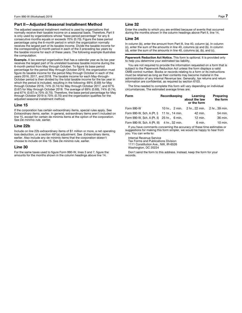 IRS Form 990-W Estimated Tax on Unrelated Business Taxable Income for Tax-Exempt Organizations (And on Investment Income for Private Foundations), Page 7