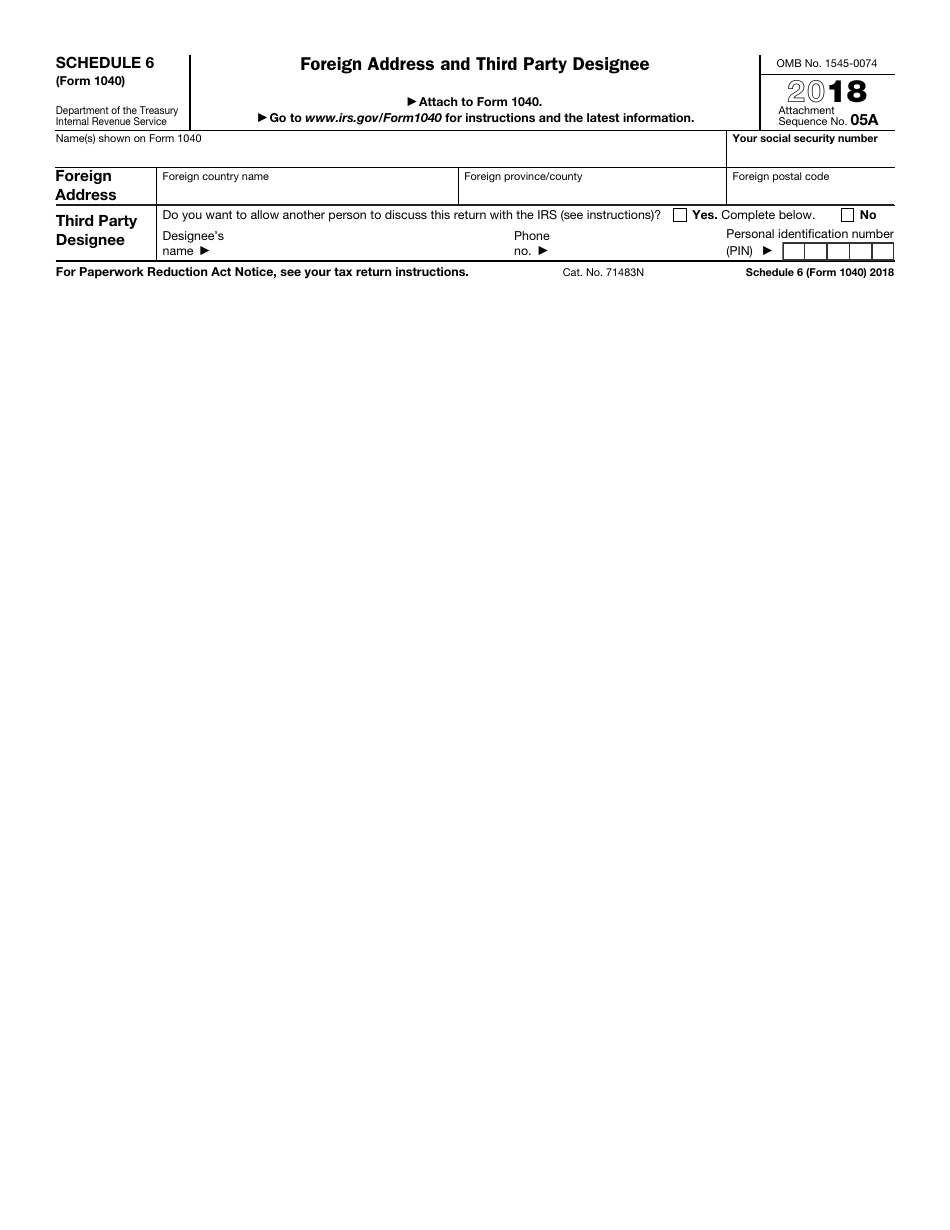 IRS Form 1040 Schedule 6 Foreign Address and Third Party Designee, Page 1