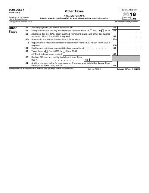 Irs Form 1040 Download Fillable Pdf 2018 Schedule 4 Other Taxes